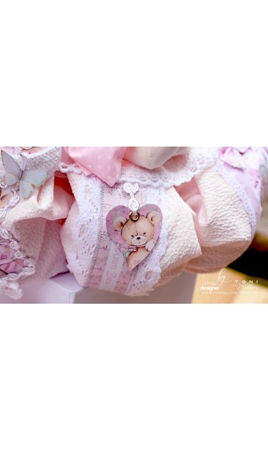 Lumanare de botez cu ursuleti roz, dantela roz si pattern floral cu trandafiri Teddy Bear Pink 17